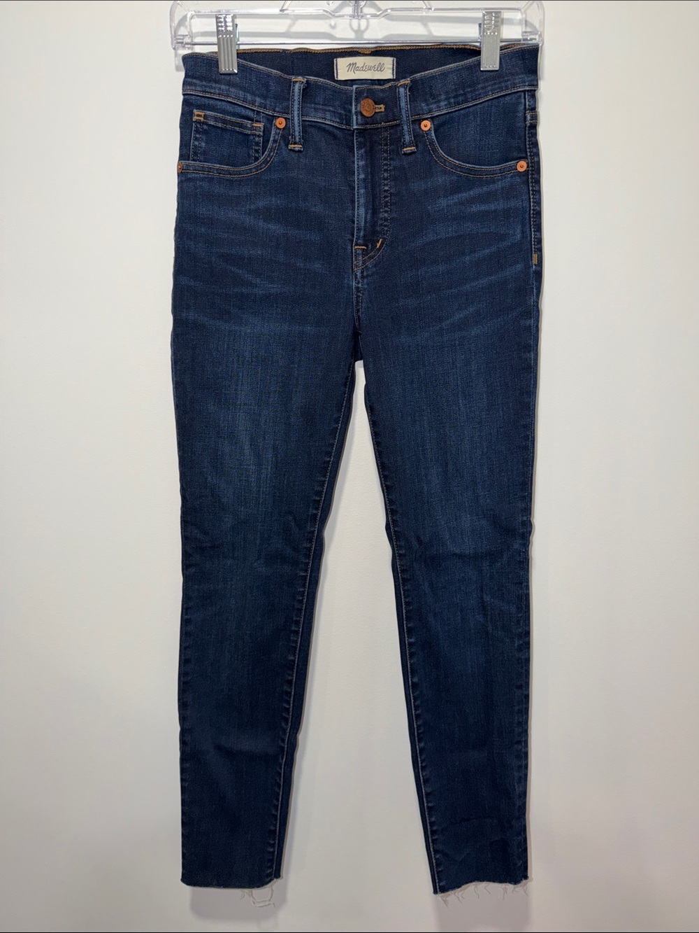 Madewell 26 High Rise Skinny Dark Blue Raw Fringe Hem Wash Jeans
